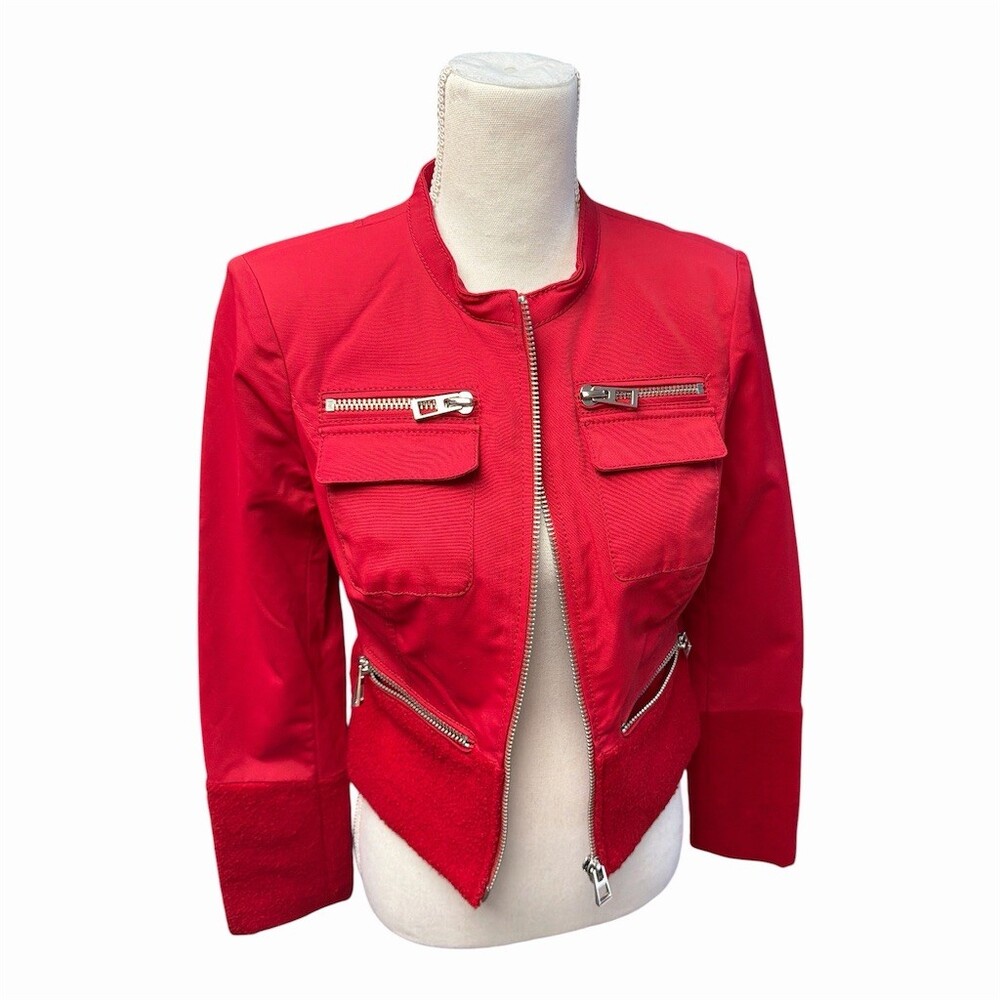 Blanc Noir Moto Jacket Womens Size S Red Full Zip Peplum Zip Pockets